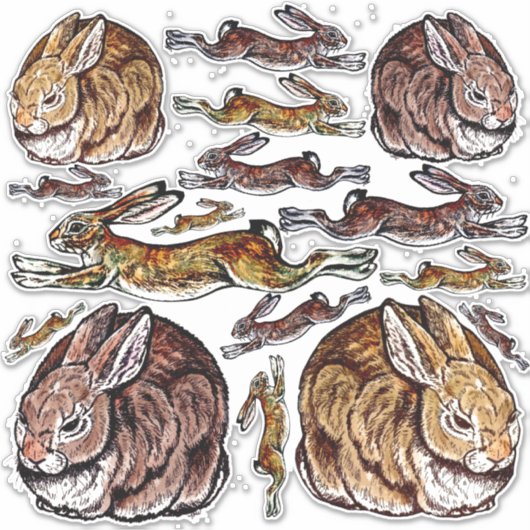 Konijn springende haas bruine pen & inkt groot vin sticker (Voorkant)