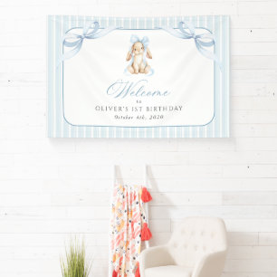 Konijn, Strik, Blauwe Strepen, Eerste Verjaardag W Spandoek