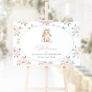 Konijn, Strik, Roze Bloemen, Eerste Verjaardag Wel Poster
