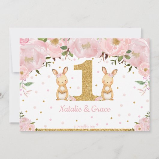 Konijn Tweeling Meisjes 1e Verjaardag Tweeling Fot Kaart (Achterkant)