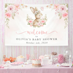 Konijn, Vlinder, Bloemen, Welkom bij de Baby Showe Spandoek