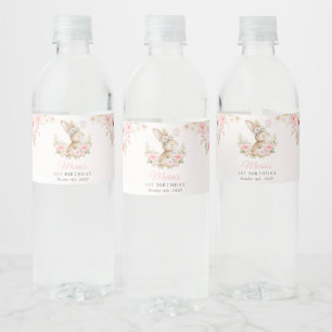 Konijn, Vlinder, Roze Bloemen, Eerste Verjaardag Waterfles Etiket