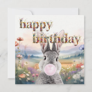 Konijn waait roze bubbelgom Happy Birthday Kaart