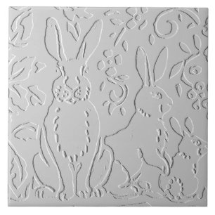 Konijn White Gray Embossed Floral Woodland Animal Tegeltje