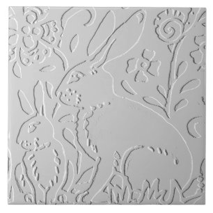 Konijn White Gray Floral Embossed Woodland Animal Tegeltje