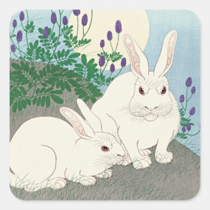 Konijnen bij volle maan door Ohara Koson, Vierkante Sticker