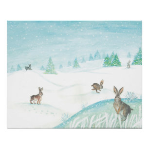 Konijnen die op sneeuw zitten en springen perfect poster
