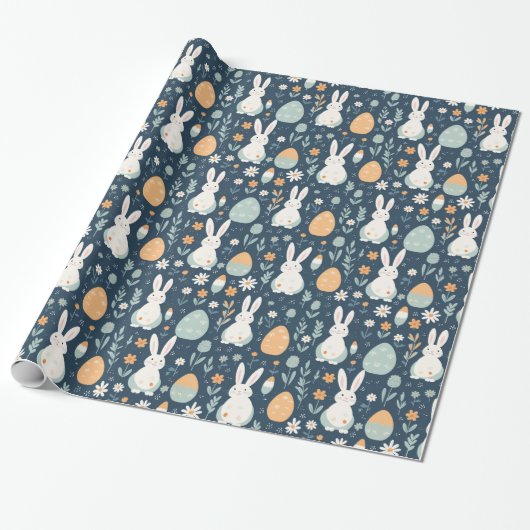 Konijnen en eitjes tuin blauw en Sinaasappel Cadeaupapier (Uitgerold)