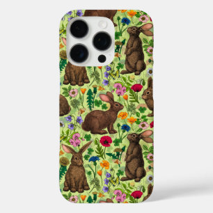 Konijnen en wilde bloemen op honingdauw groen iPhone 16 pro hoesje