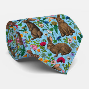 Konijnen en wilde bloemen stropdas