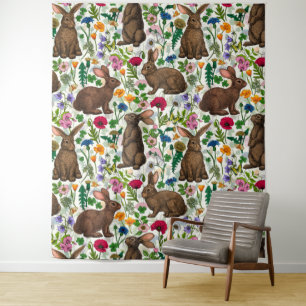 Konijnen en wilde bloemen wandkleed