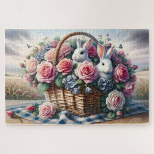 Konijnen genesteld tussen cottagerozen legpuzzel