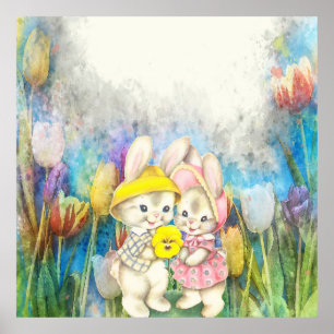 Konijnen in bloemen poster