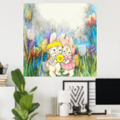 Konijnen in bloemen poster (Thuiskantoor)