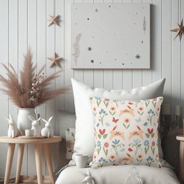 Konijnen met wilde bloemen Folk Art Kussen (Creator heeft geüpload)