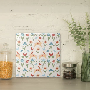 Konijnen Wildbloemen Folk Art Pattern Tegeltje