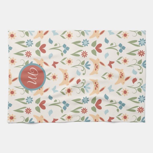 Konijnen Wildbloemen Vogelmonogram Theedoek (Horizontaal)