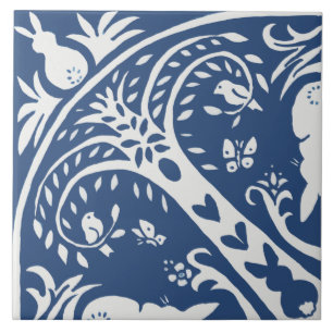 Konijnenblauw en witbunny Bird Tree Pattern Tegeltje