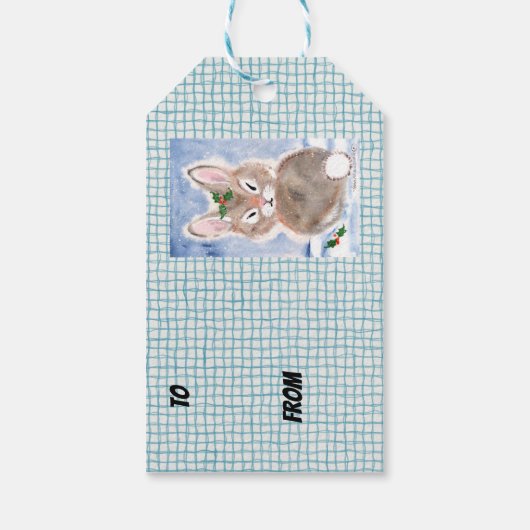 Konijnenkonijn in Sneeuw Kerstcadeau Label Blauw P Cadeaulabel (Achterkant)