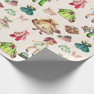 Konijnenoren met vintage papieren pop en outfits cadeaupapier