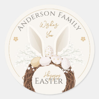 Konijnenorenkrans Gelukkig Pasen Nest Ivoorgoud Ronde Sticker