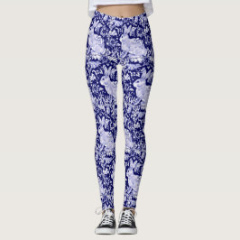 Konijnenpatroon Donkerblauw Wit Vogel Bloemen Unie Leggings