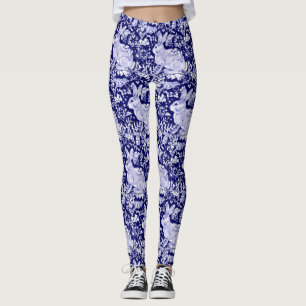 Konijnenpatroon Donkerblauw Wit Vogel Bloemen Unie Leggings