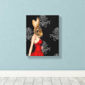Konijntje in rode jurk canvas afdruk (Insitu (Houten vloer))