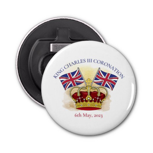 Koning Charles III Coronation Crown en Flags Button Flesopener (Voorkant)