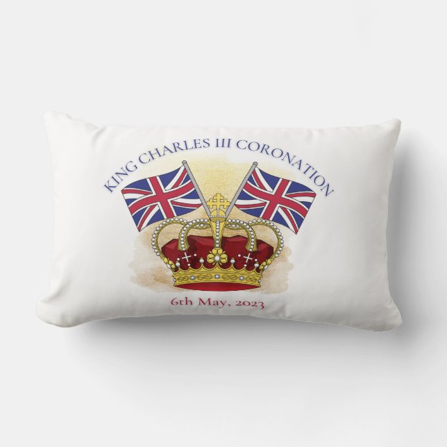Koning Charles III Coronation Crown en Flags Kussen (Voorkant)