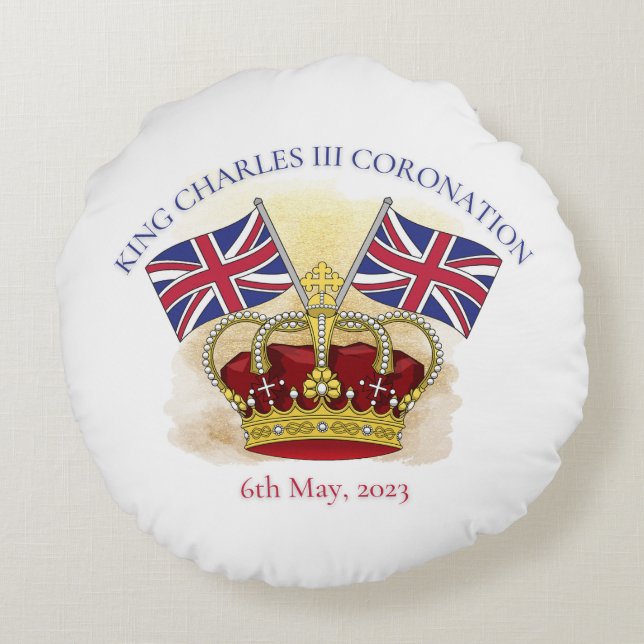 Koning Charles III Coronation Crown en Flags Rond Kussen (Achterkant)