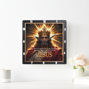 Koning Jezus Kroon Soeverein Glorie Zonnebundel Vierkante Klok