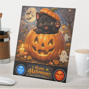 Koning kat gelukkig Halloween sokkel Reclamebord Met Voetstuk