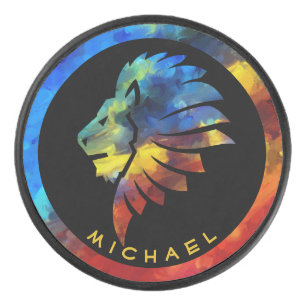 Koning van de oerwoud waterverf monogram leeuw hockey puck