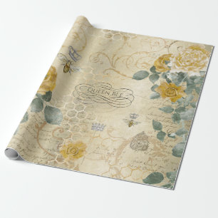 Koningin Bee Golden Rozen Floral Cadeaupapier