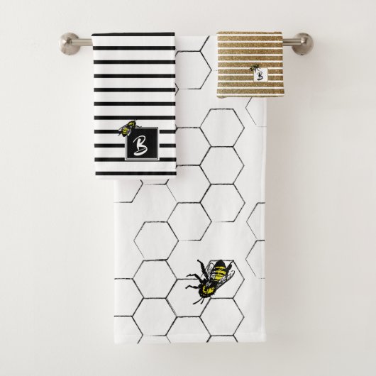 Koningin Bee Stripe met honingraat | Monogram Bad Handdoek (Insitu)