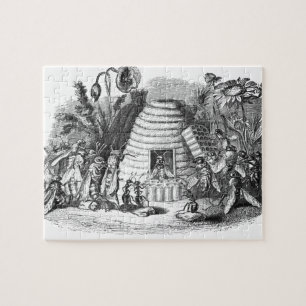 koningin bij en werkbijen bij de bijenkast legpuzzel