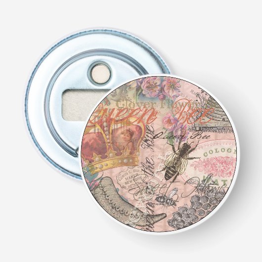 Koningin Bij Vintage Mooie Collage Button Flesopener (Voorkant)