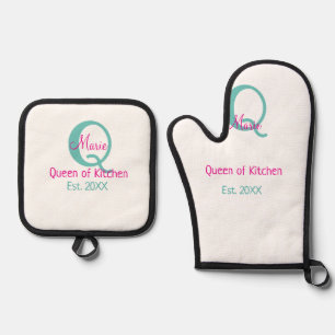 Koningin van de keuken monogram groen roze eenvoud ovenwant & pannenlap set