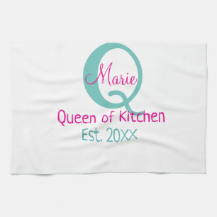 Koningin van de keuken monogram groen roze eenvoud theedoek