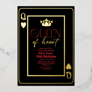 Koningin van hart Zwart Rood Goud Verjaardagsfeest Folie Uitnodiging