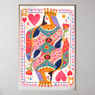 Koningin van Harten Poster, Kleurrijke Speelkaart Poster