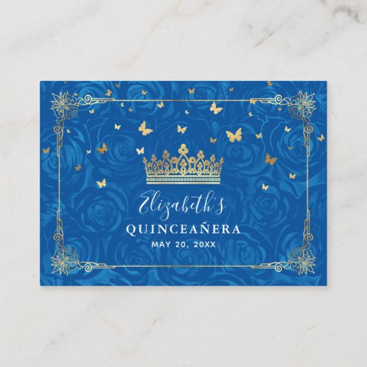 Koningsblauw en gouden roos elegante details informatiekaartje (Achterkant)