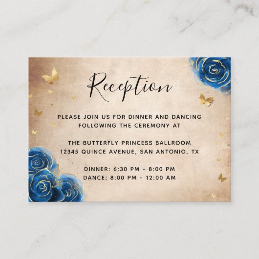 Koningsblauw en gouden roos elegante details informatiekaartje (Voorkant)