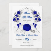 koningsblauw en witte bloemen zilver botanisch save the date (Voorkant / Achterkant)