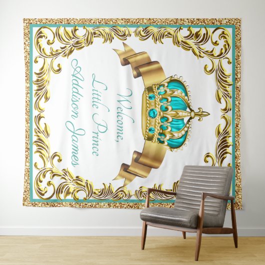 Koningsblauw Gouden Prince Baby Shower XL Achtergr Wandkleed (In Situ (horizontaal))