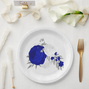 koningsblauw & witte bloemen zilver papieren bordje