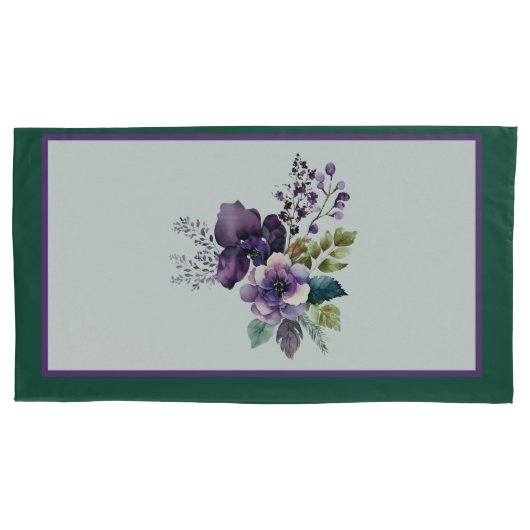 Koningsgrootte Bloemen Ontwerp Groen Paarse Kussensloop (Voorkant-Links)