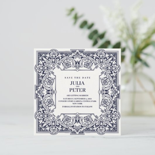  koninklijk blauw bespaart de datum van het huweli kaart (Staand voorkant)