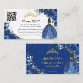 Koninklijk Blauw Bloemen Goud Quinceañera QR Code Informatiekaartje (Voorkant / Achterkant)